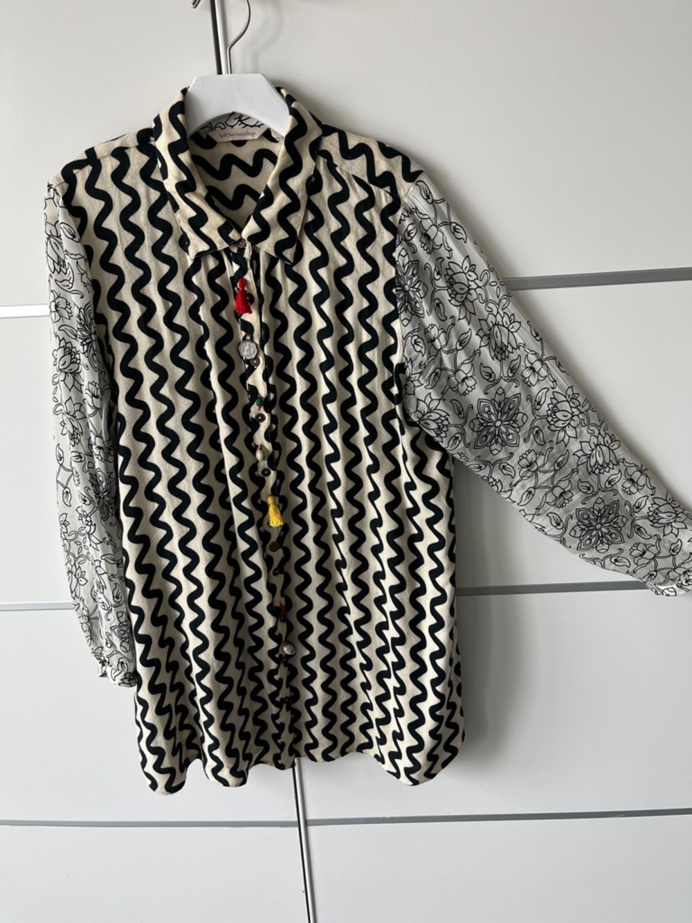 Embellished Black and Cream Floral-Print Blouse